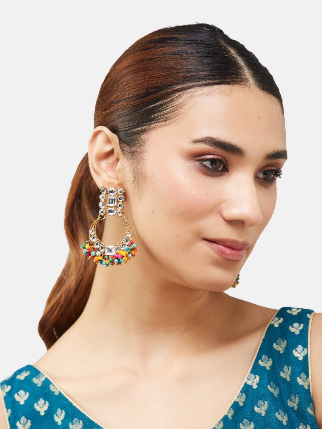 ATIBELLE Gold-Plated Kundan & Beaded Classic Chandbalis