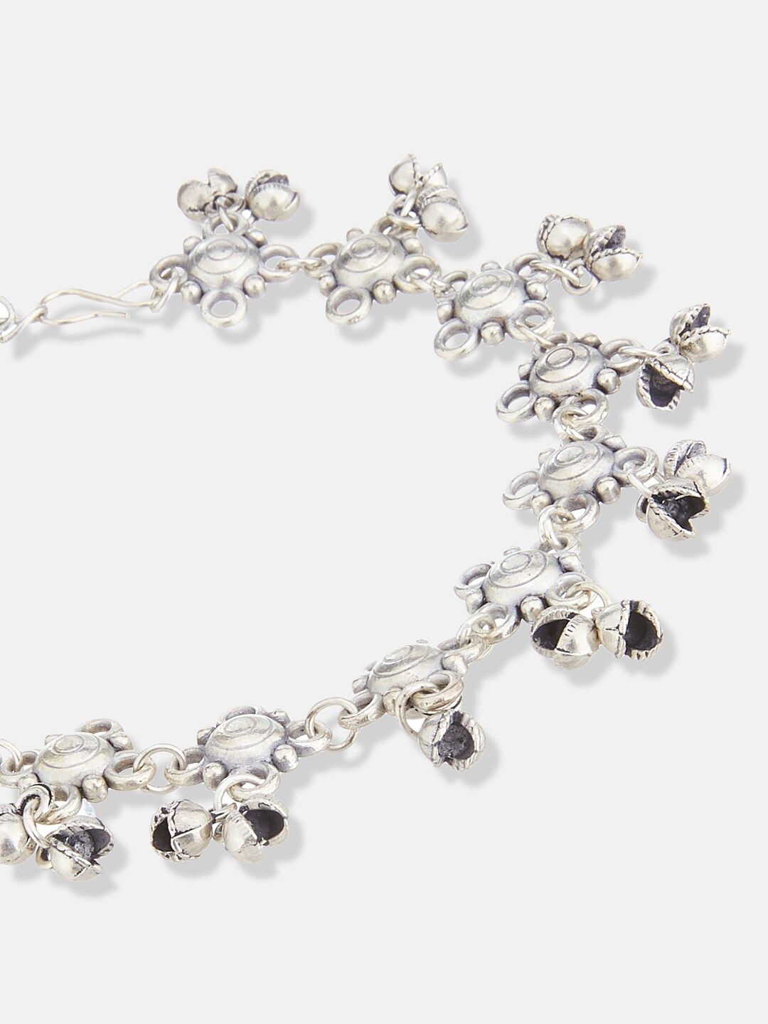 ATIBELLE Set of 2 German Silver-Plated Ghunghroo Stone Studded & Beaded Anklets