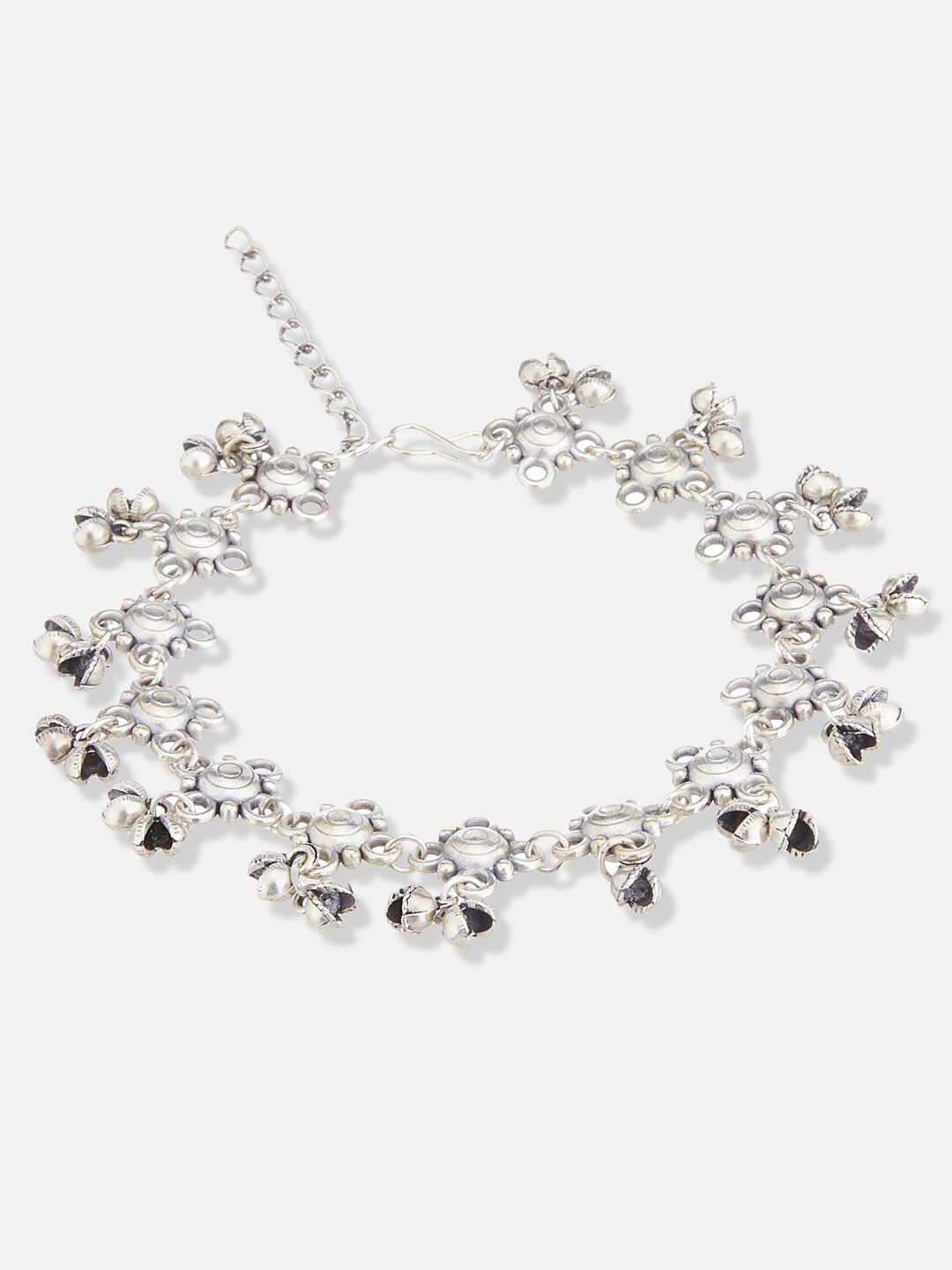 ATIBELLE Set of 2 German Silver-Plated Ghunghroo Stone Studded & Beaded Anklets
