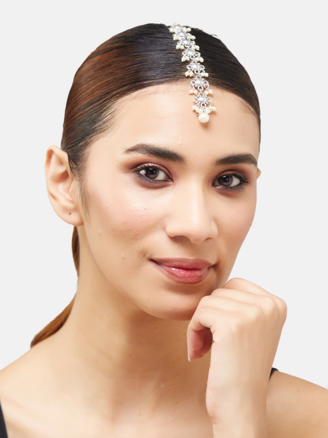 ATIBELLE Set Of 2 Silver-Plated Pearls Maang Tikka