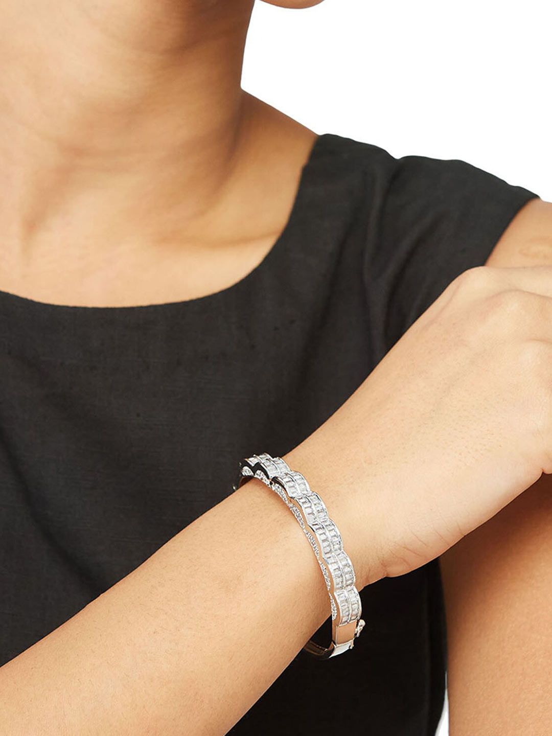 ATIBELLE Silver-Plated Cubic Zirconia Kada Bracelet