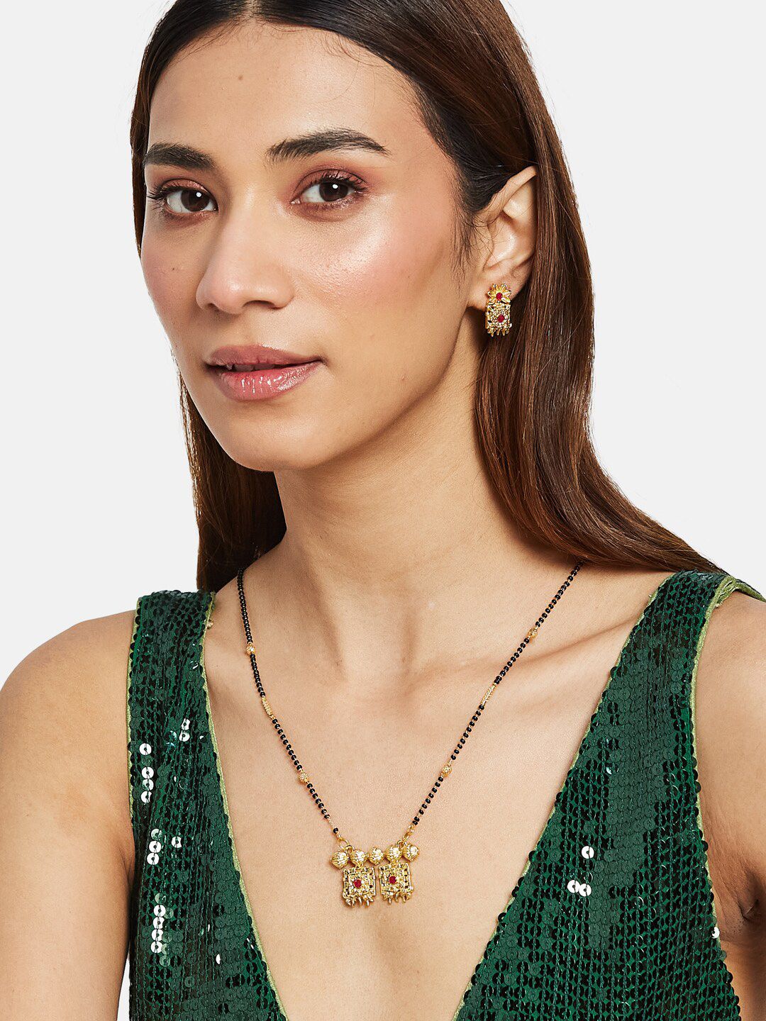 ATIBELLE Gold-Plated Studded and Beaded Mangalsutra