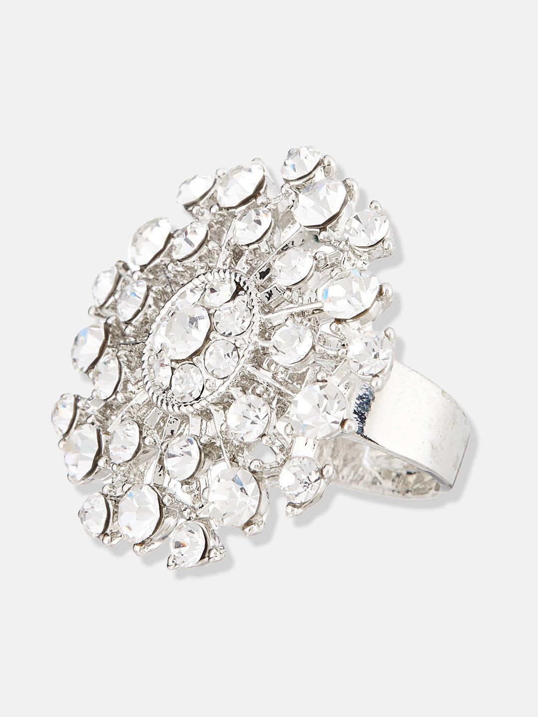 ATIBELLE Sliver-Plated Stone-Studded Adjustable Finger Ring