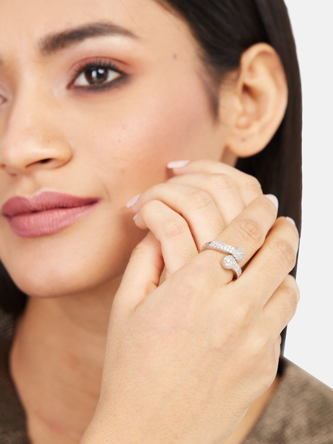 ATIBELLE Set Of 2 Sliver-Plated CZ-Studded Adjustable Finger Ring