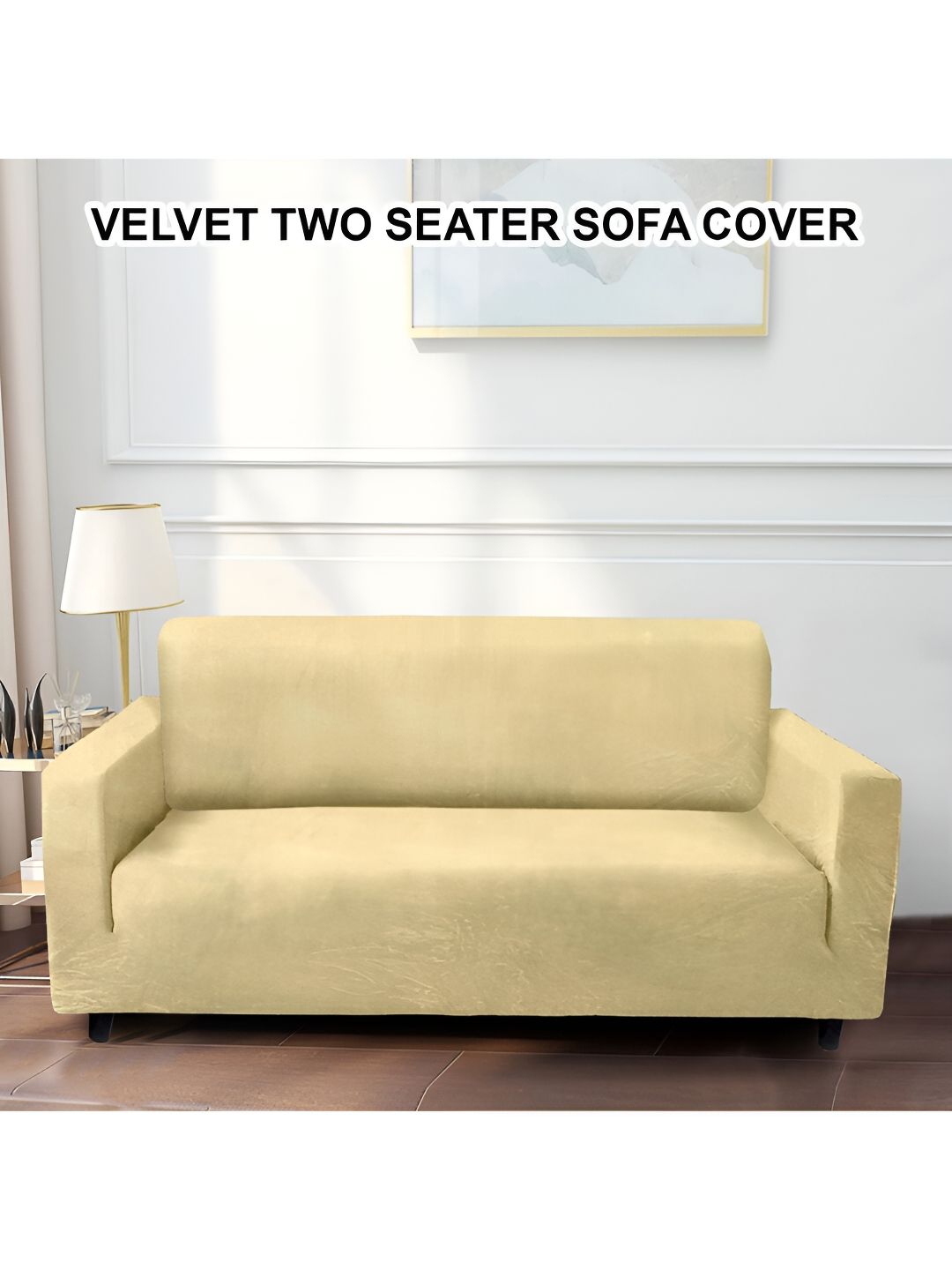 Cortina Cream-Coloured Velvet Stretchable Double Seater Sofa Cover With Arms-picture-48