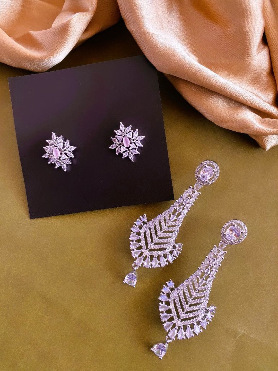 ATIBELLE Set Of 2 Silver-Plated Contemporary Drop & Studs Earrings