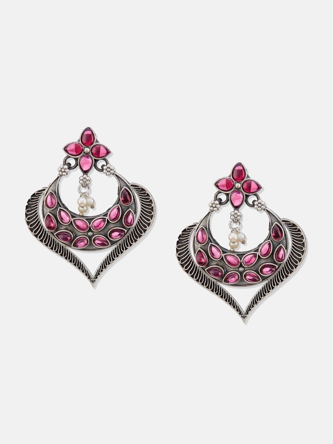 ATIBELLE Set Of 2 Silver-Plated Stone-Studded & Beaded Contemporary Drop Earrings