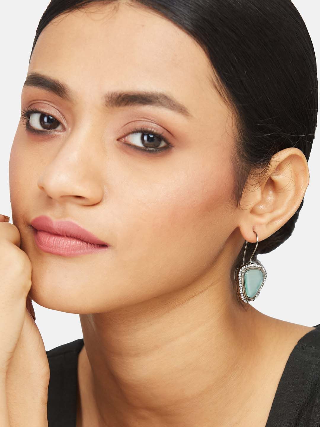 ATIBELLE Set Of 2 Silver-Plated Stone-Studded & Beaded Contemporary Drop Earrings