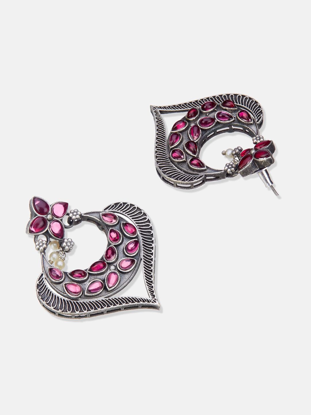 ATIBELLE Set Of 2 Silver-Plated Stone-Studded & Beaded Contemporary Drop Earrings