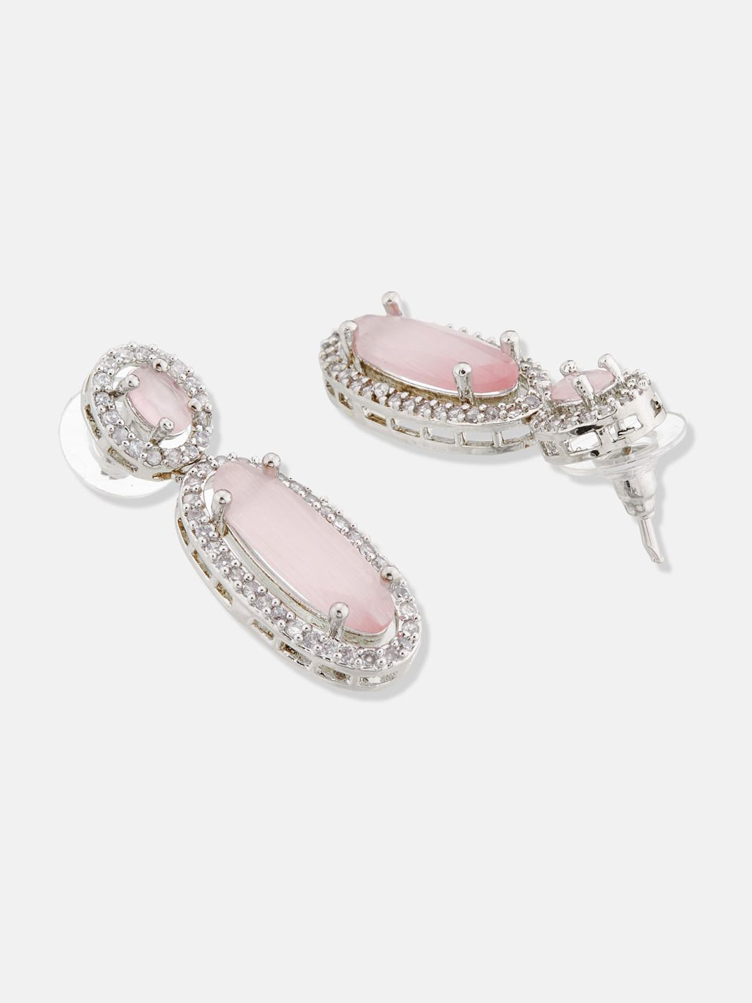 ATIBELLE Set Of 2 Silver-Plated Cubic Zirconia-Studded Contemporary Studs & Drop Earrings