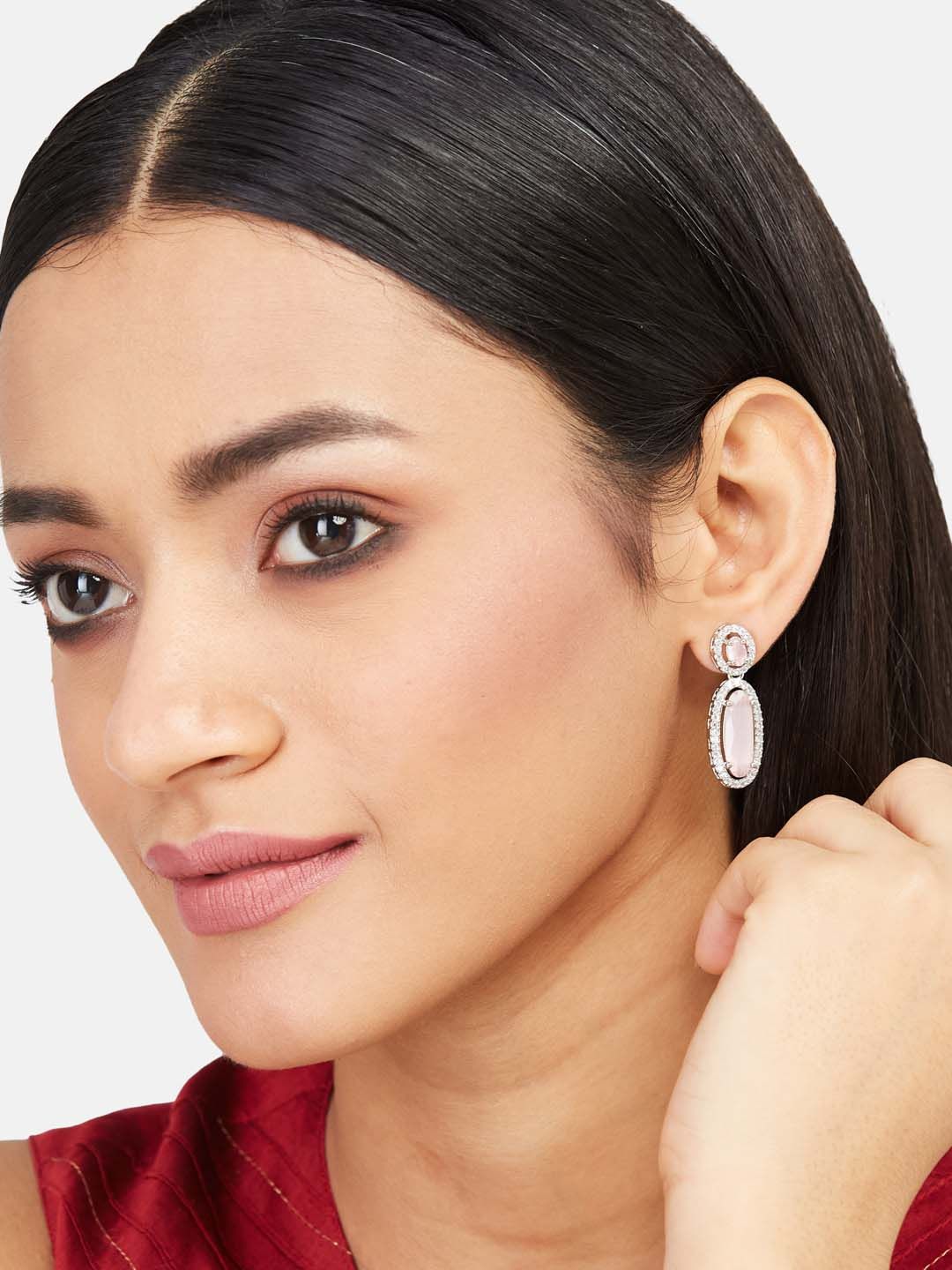 ATIBELLE Set Of 2 Silver-Plated Cubic Zirconia-Studded Contemporary Studs & Drop Earrings