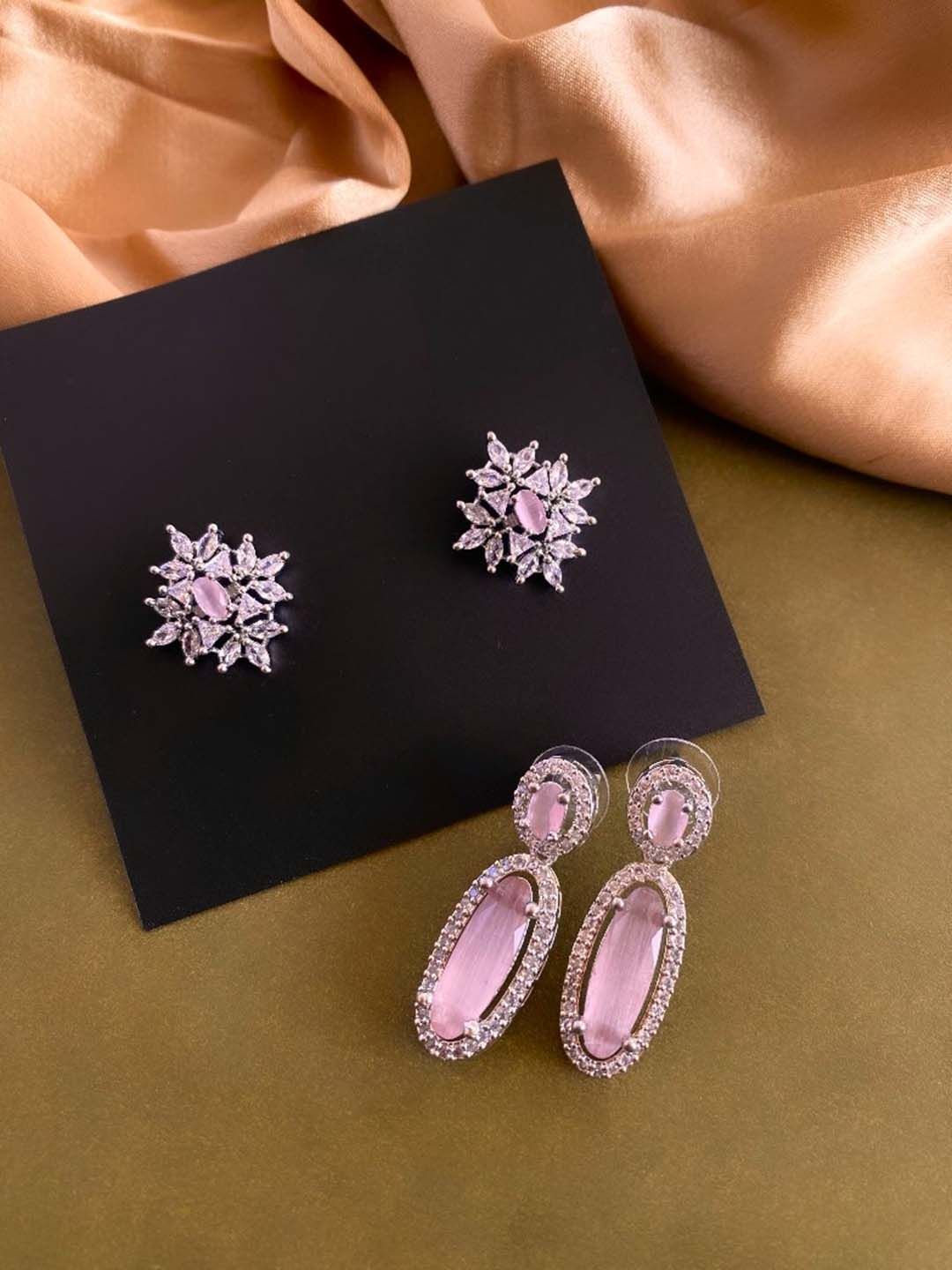 ATIBELLE Set Of 2 Silver-Plated Cubic Zirconia-Studded Contemporary Studs & Drop Earrings