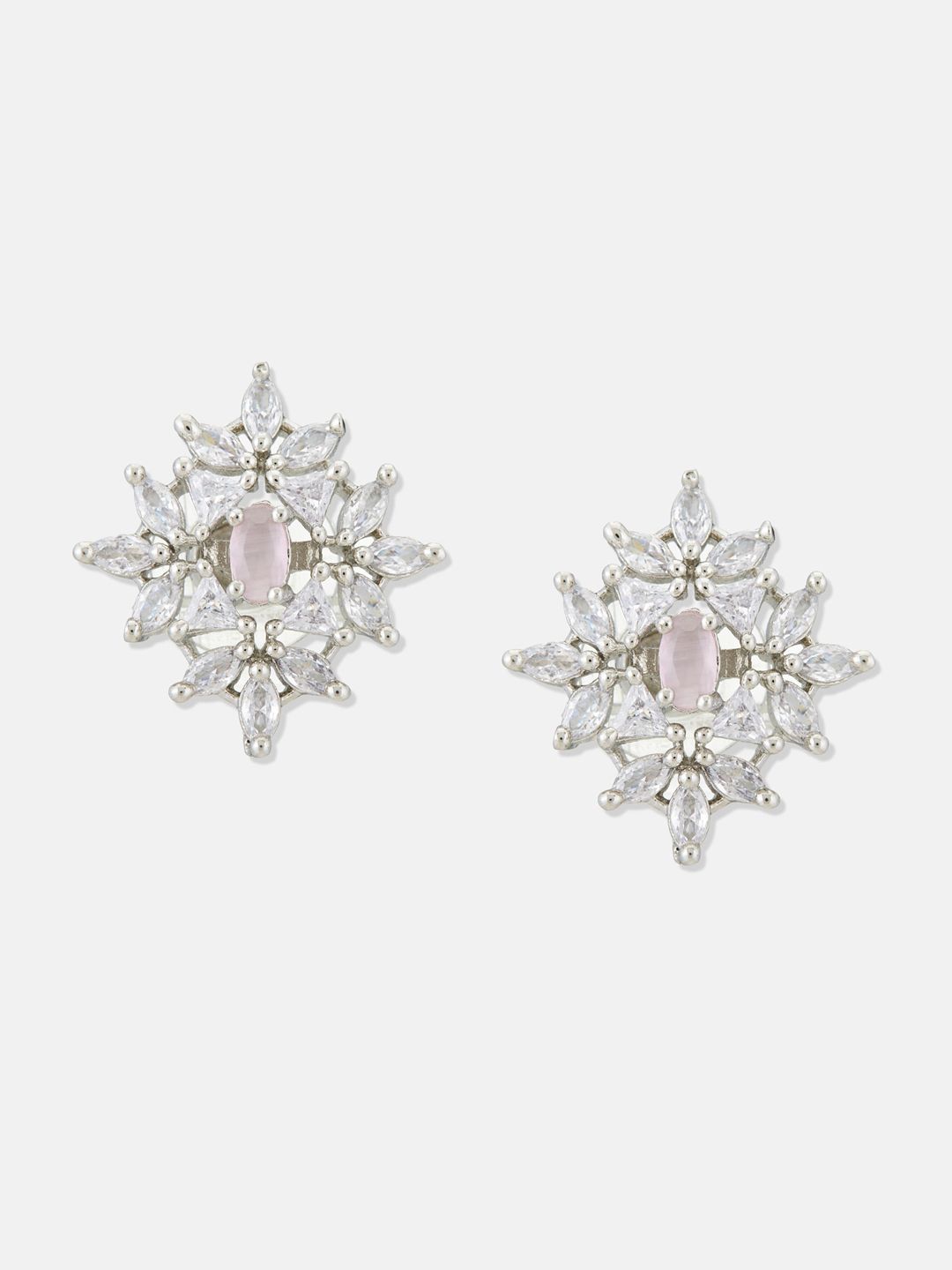 ATIBELLE Set Of 2 Silver-Plated Cubic Zirconia-Studded Contemporary Studs & Drop Earrings