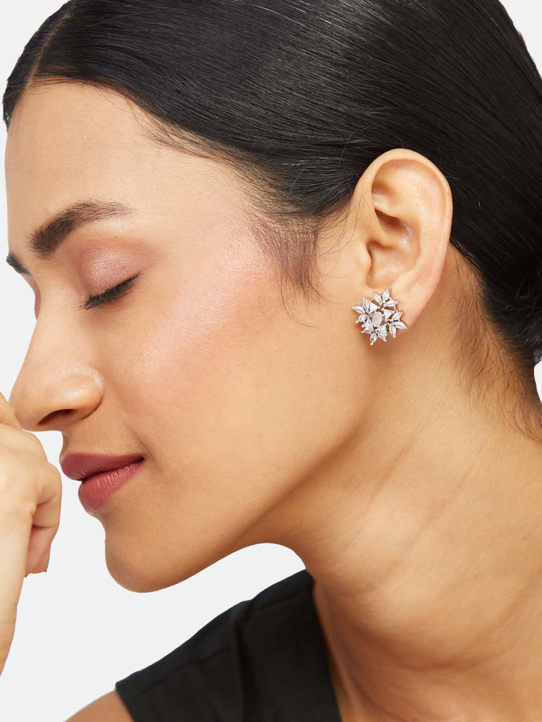 ATIBELLE Set Of 2 Silver-Plated Cubic Zirconia-Studded Contemporary Studs & Drop Earrings