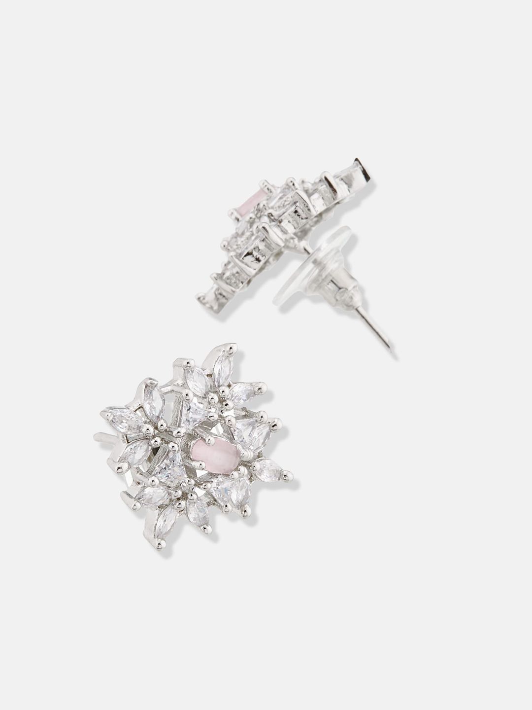 ATIBELLE Set Of 2 Silver-Plated Cubic Zirconia-Studded Contemporary Studs & Drop Earrings