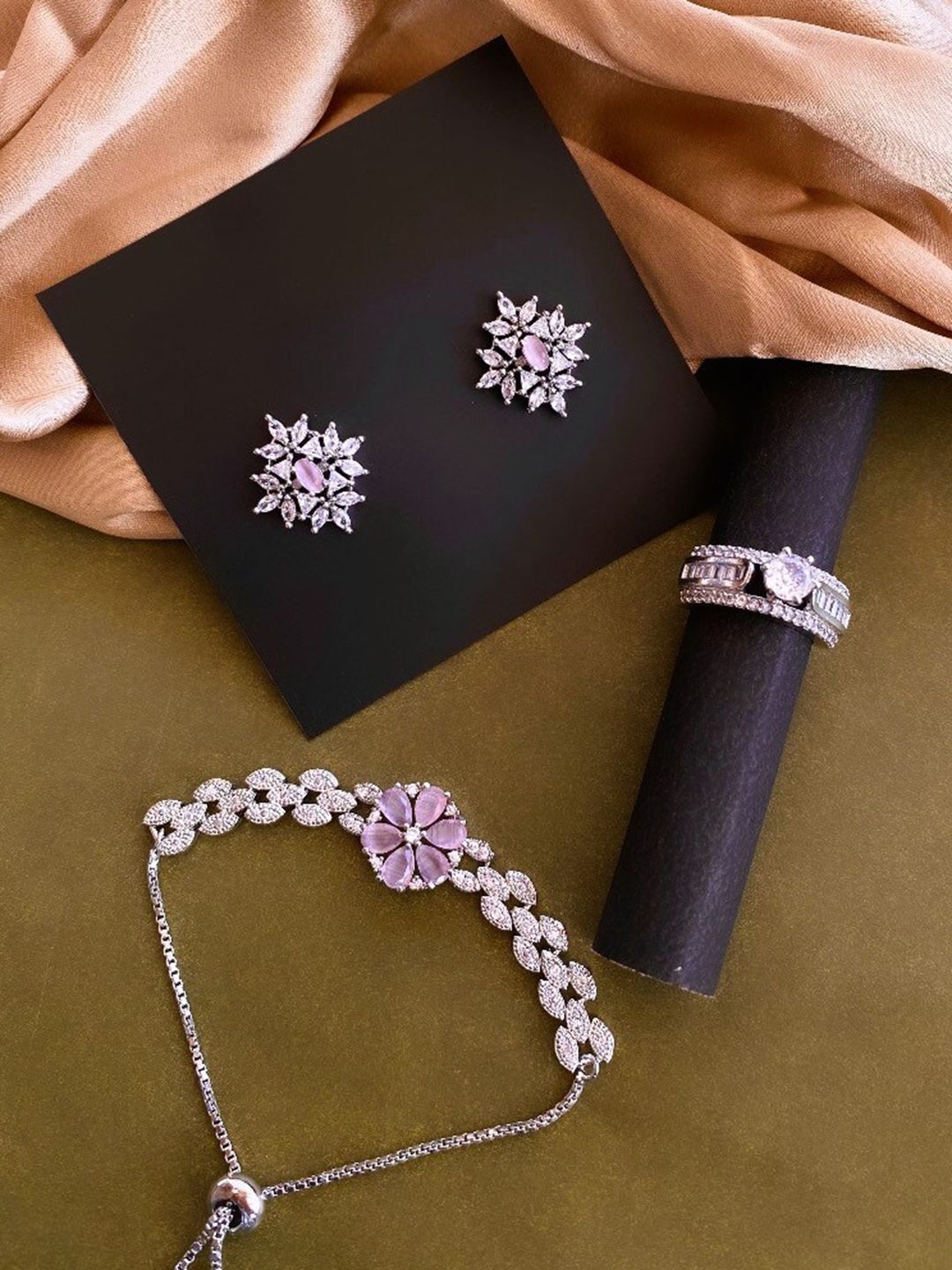 ATIBELLE Set Of 3 Silver-Plated CZ Studded Jewellery Set