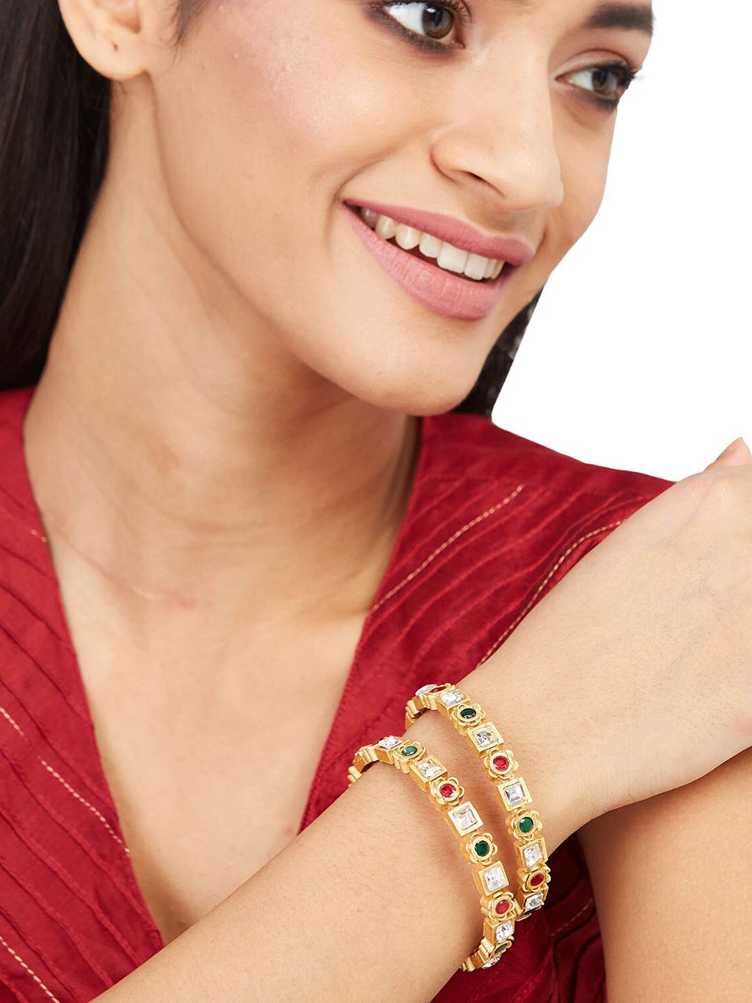 ATIBELLE Set Of 3 Gold Plated Kundan Studded Earrings & Bangles