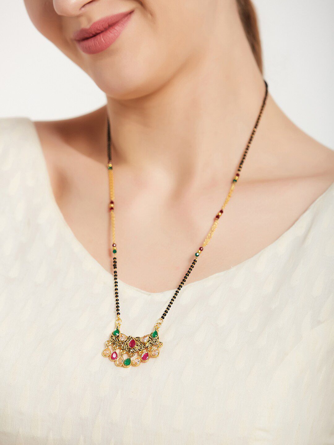 ATIBELLE Gold-Plated Studded Mangalsutra With Set Of 2 Bangles