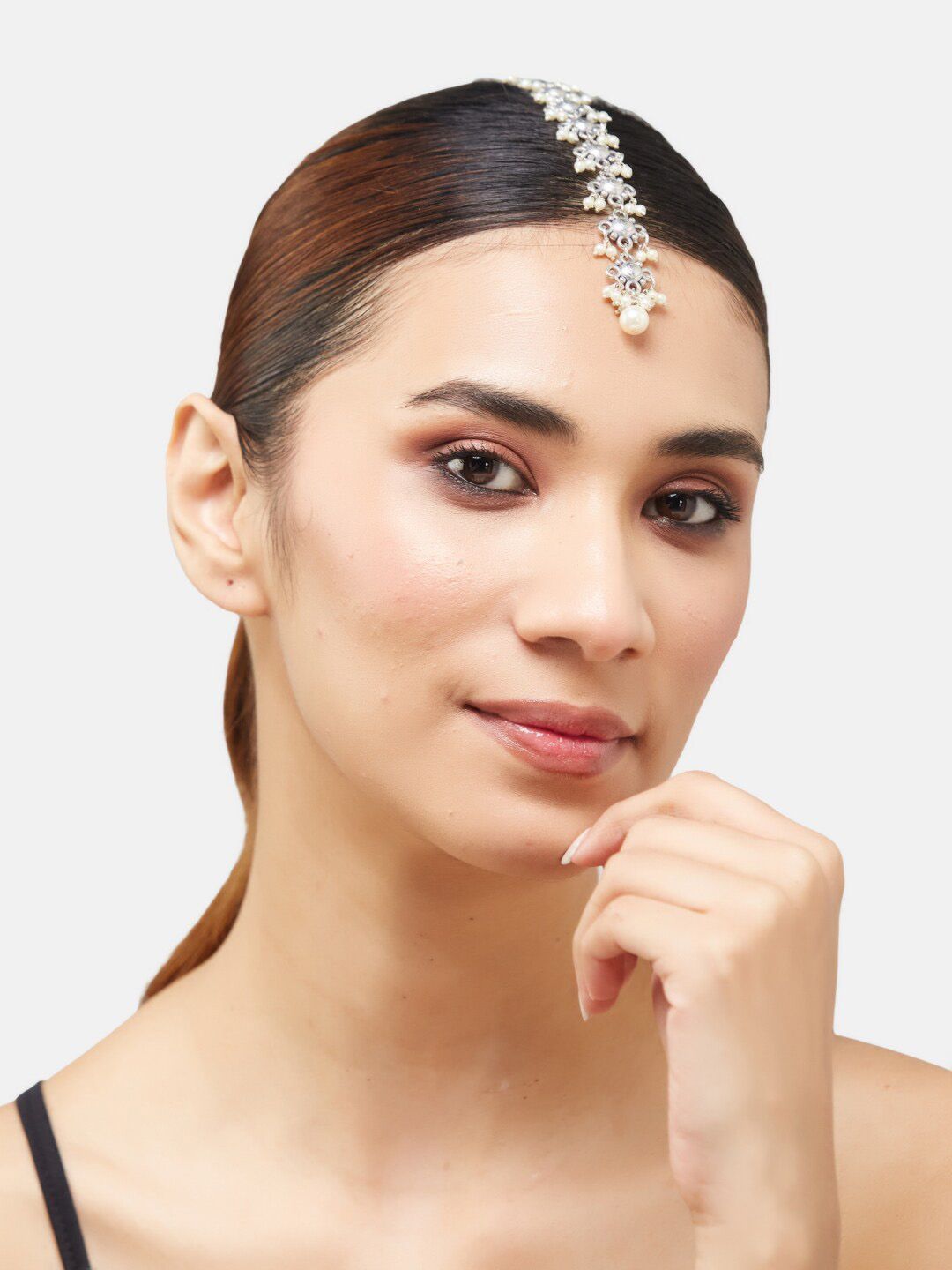 ATIBELLE Set Of 2 German Silver Plated Stone-Studded Maangtikka & Earrings