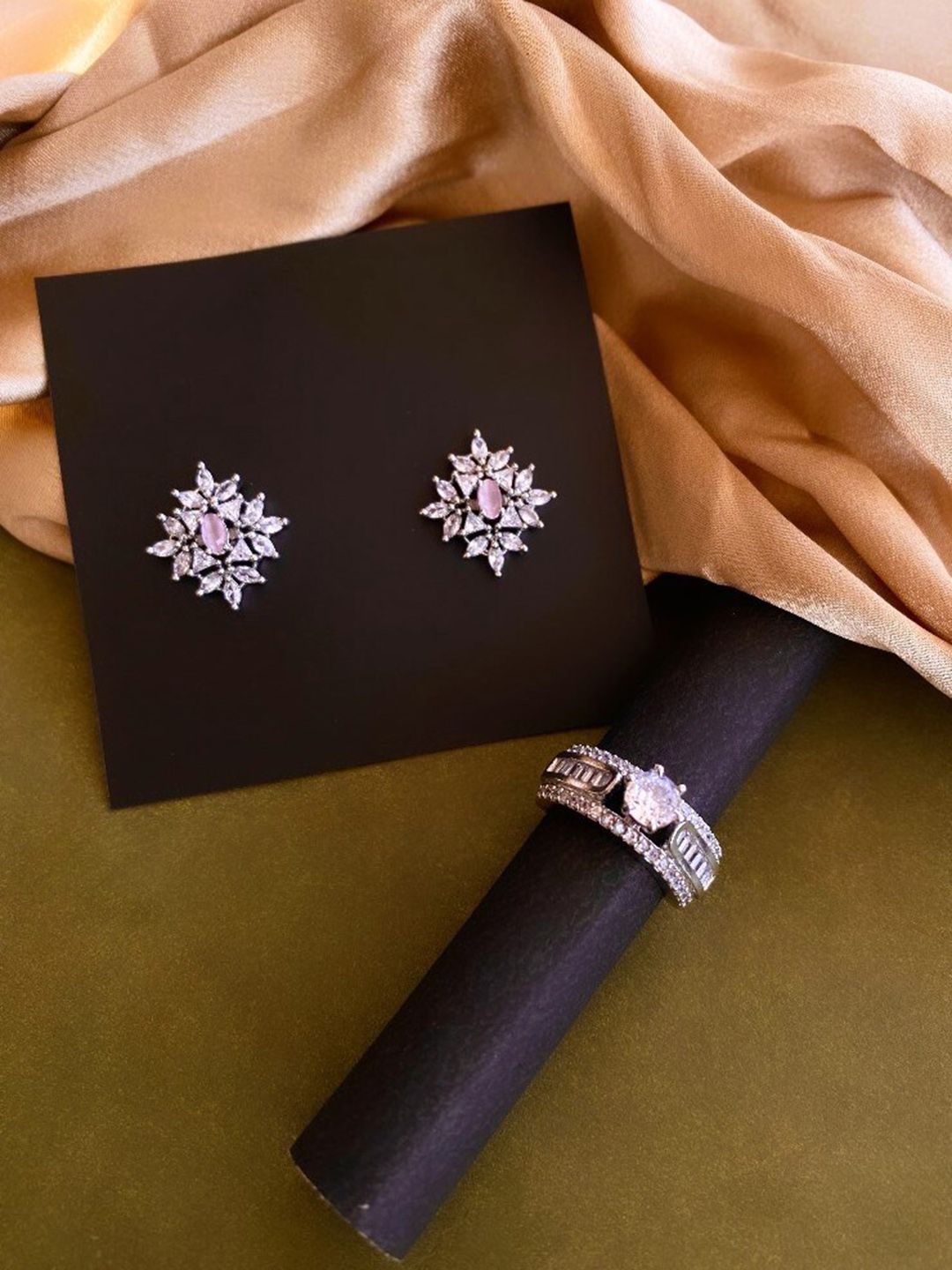 ATIBELLE Silver Plated CZ Studded Ring & Earrings