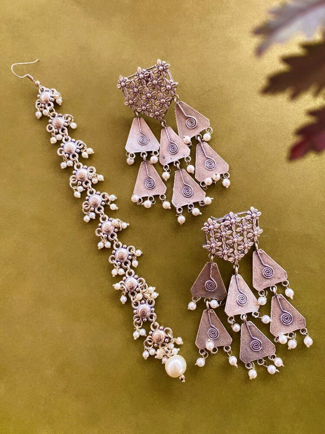 ATIBELLE German Silver Plated Stone-Studded Maangtikka & Earrings