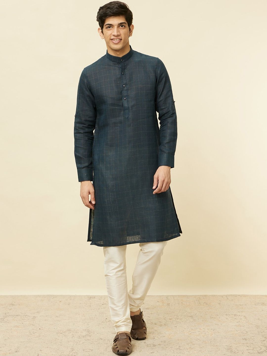 Manyavar Band Collar Checked Straight Kurta-picture-17