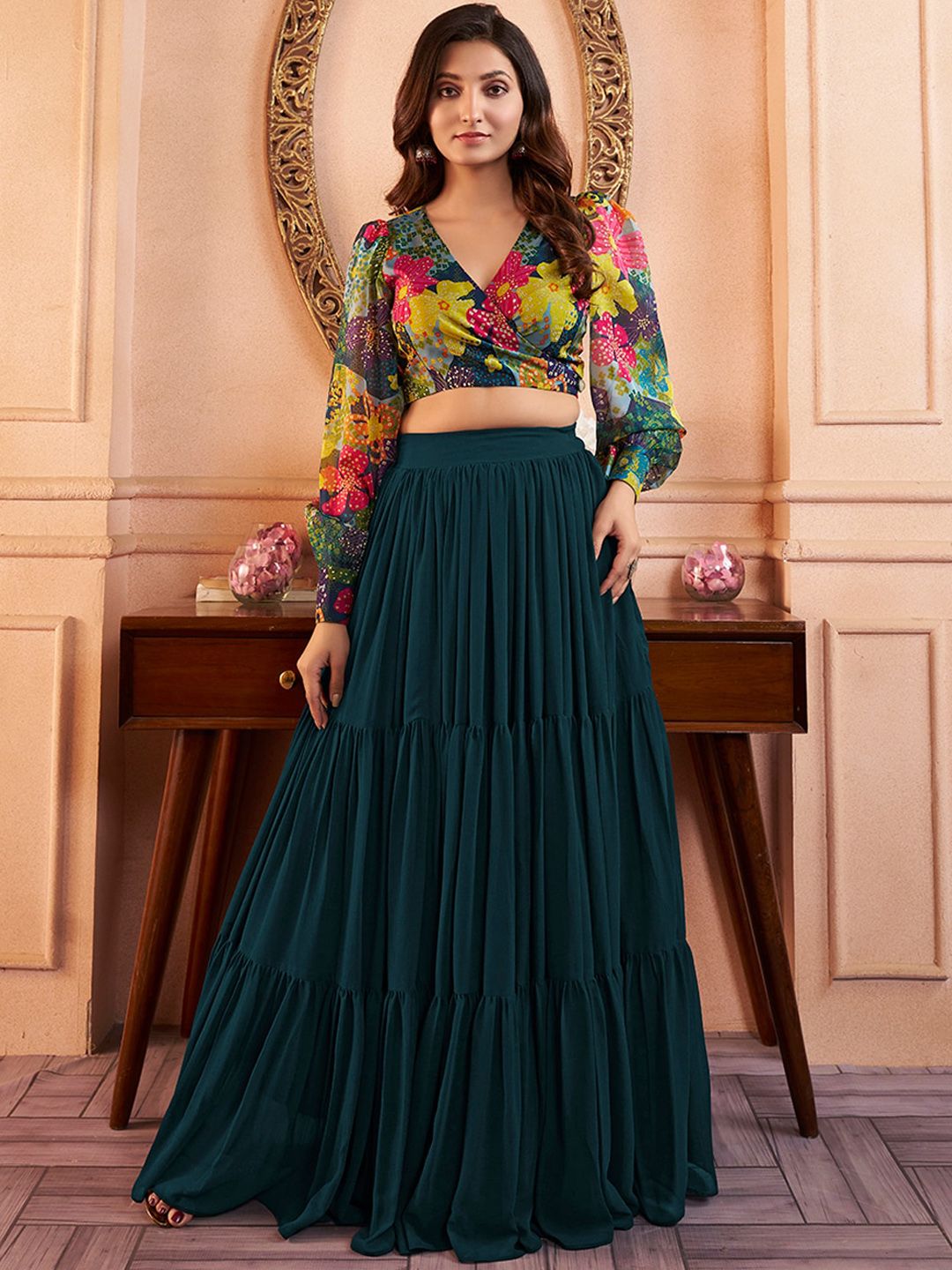 Inddus Printed V-Neck Cro Top With Long Flared Skirt Co-Ords-image-38