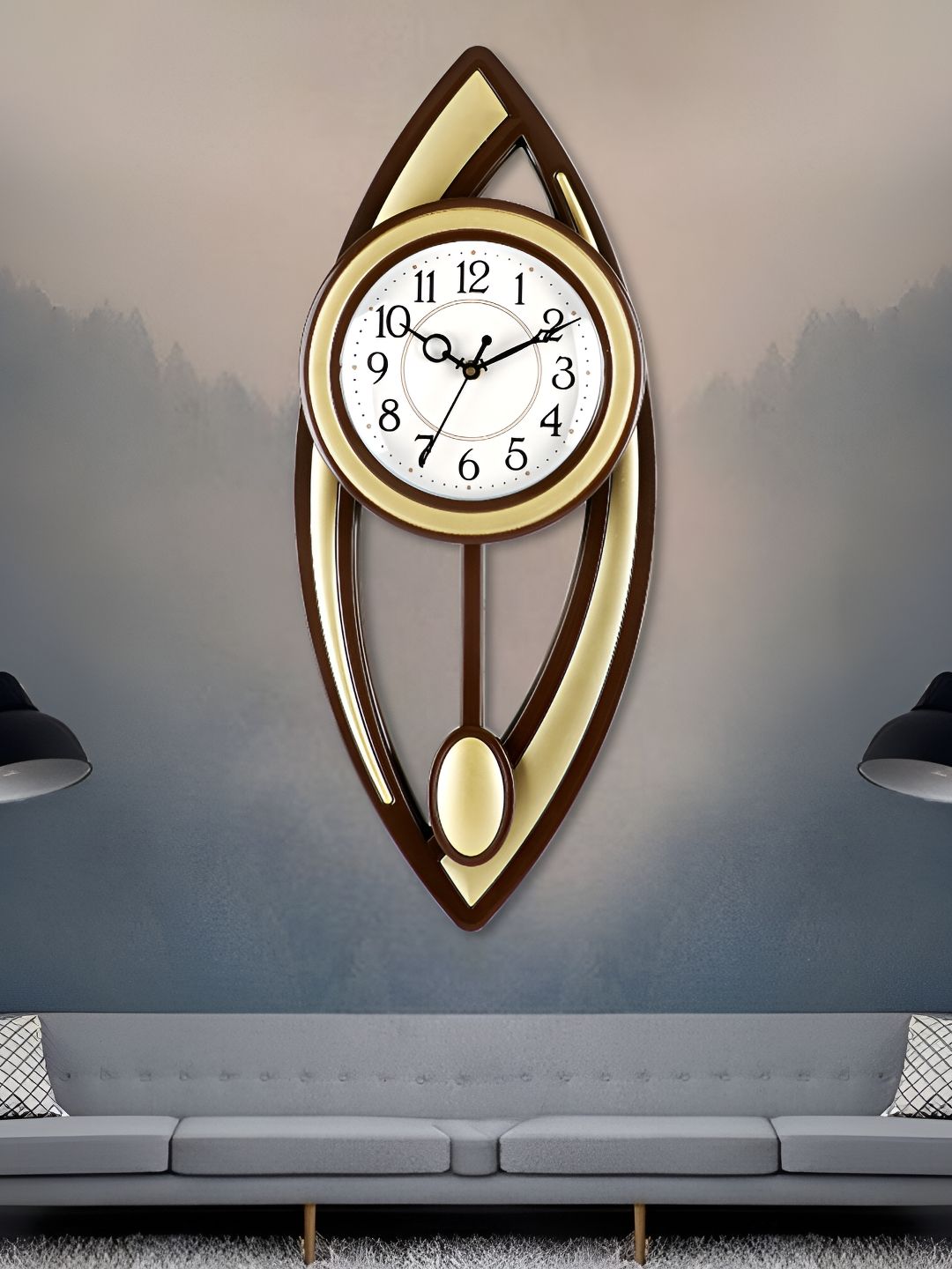 Attractionz Gold-Toned & Brown Round Pendulum Analogue Wall Clock-image-35