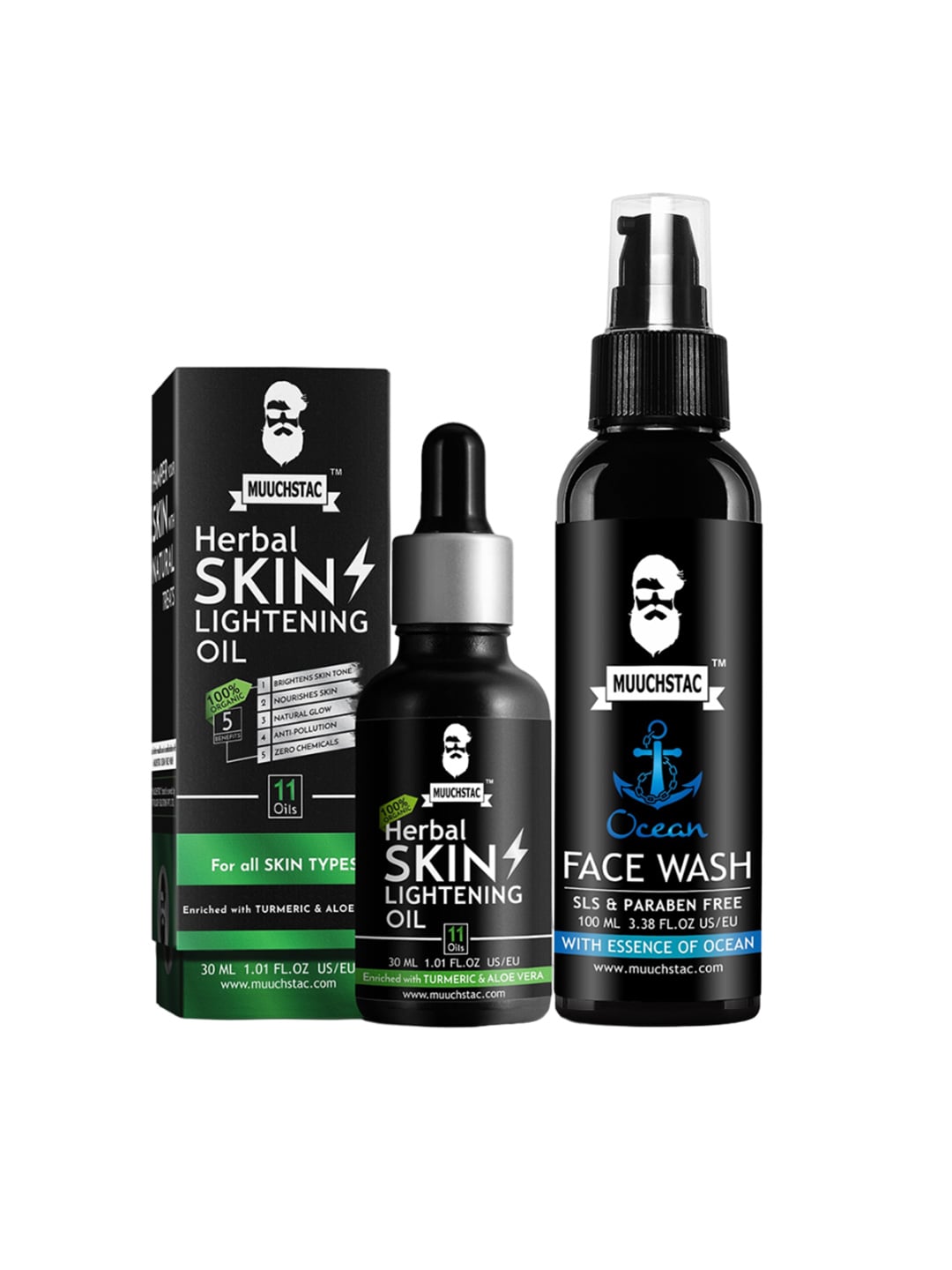 MUUCHSTAC Men Set Of 2 Herbal Skin Lightening Face Oil - 30ml-Ocean Face Wash - 100ml