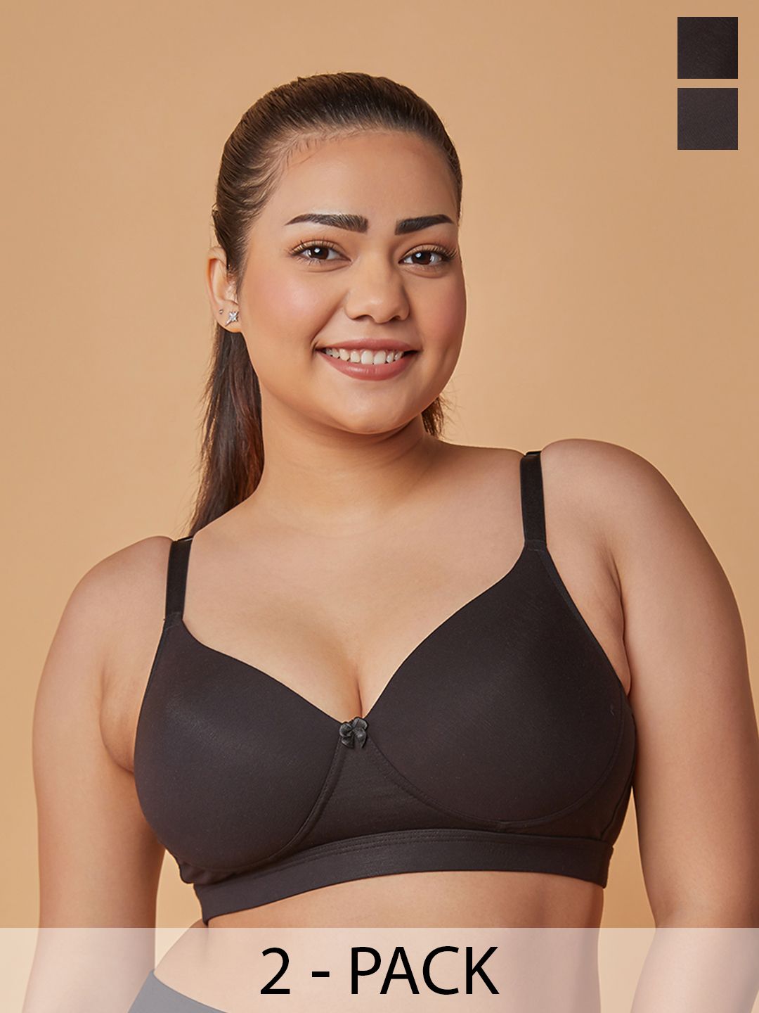 MAASHIE Pack of 2 Lightly Padded Full Coverage T-Shirt Bra BLK-BLK