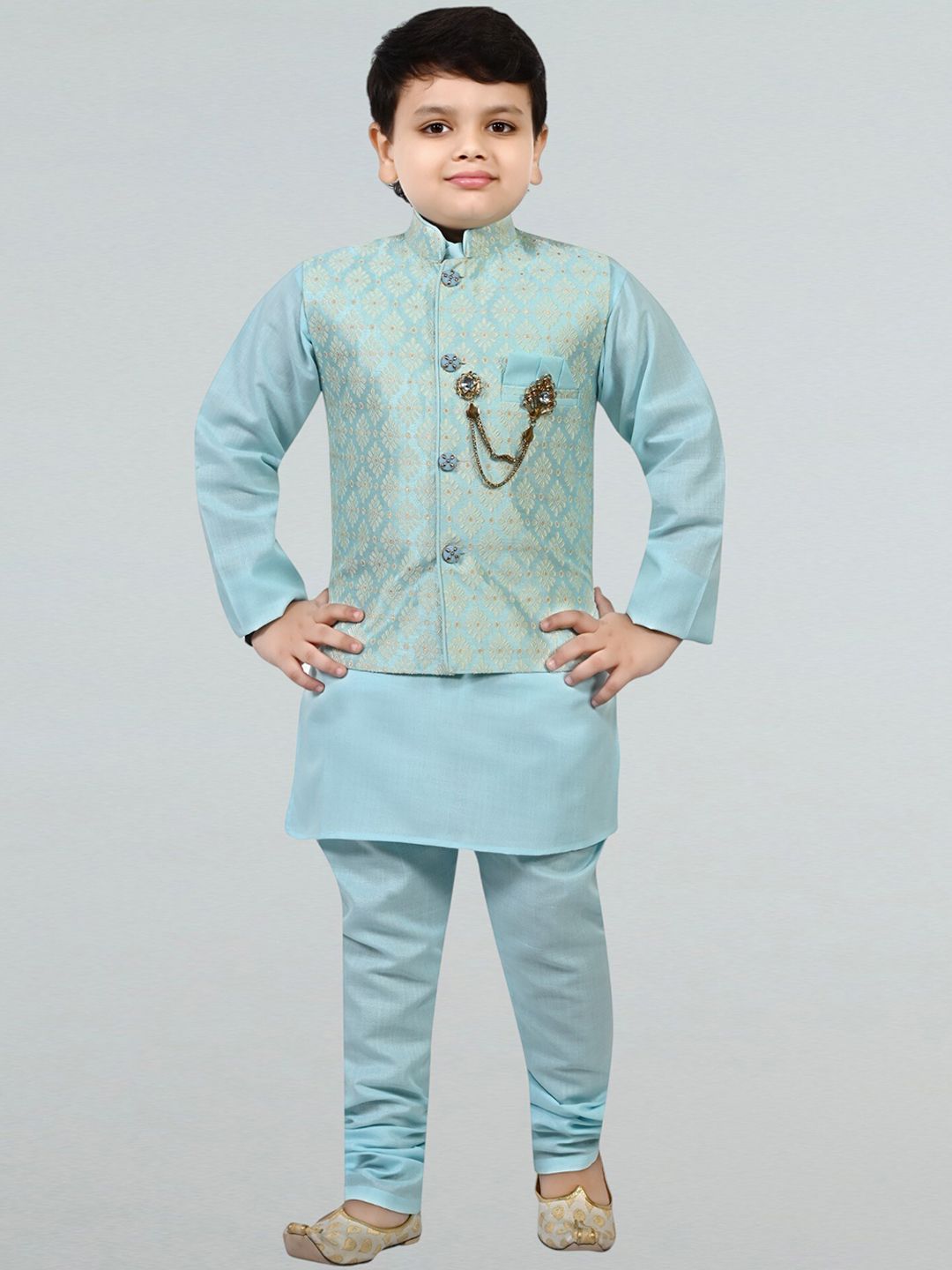 BT DEZINES Boys Floral Regular Raw Silk Mandarin Collar Kurta with Pyjama With Waistcoat