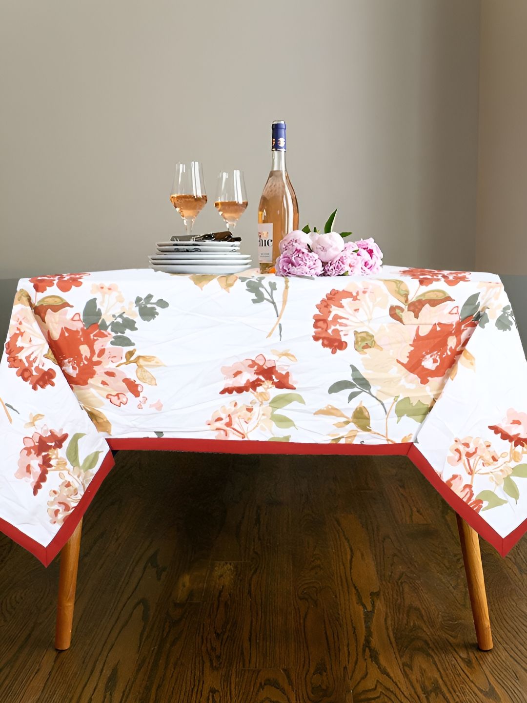 Texstylers Red Floral Anti-Skid Cotton 6-Seater Table Cover-picture-20