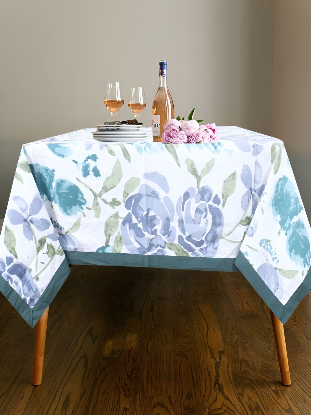 Texstylers Teal Floral Anti-Skid Cotton 6-Seater Table Cover-picture-31