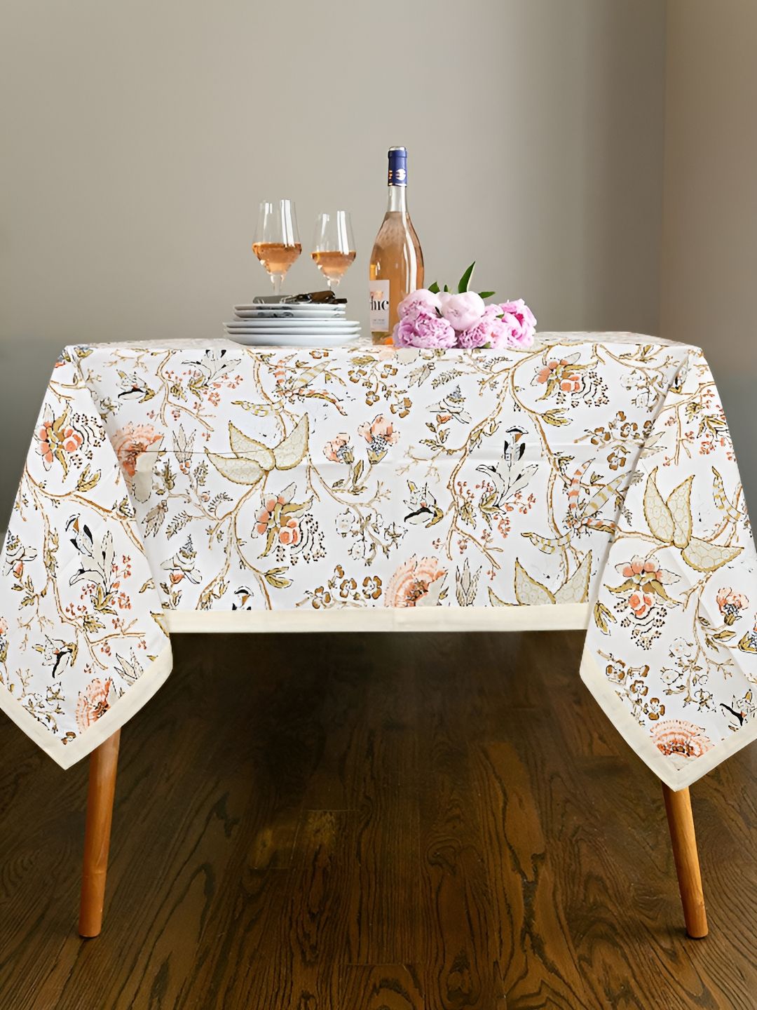 Texstylers Beige Floral Anti-Skid Cotton 6-Seater Table Cover-picture-14
