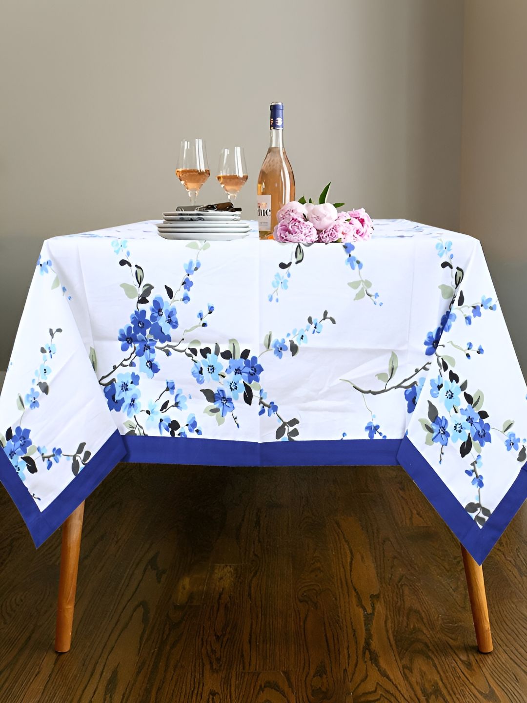 Texstylers Blue Floral Anti-Skid Cotton 6-Seater Table Cover-picture-29