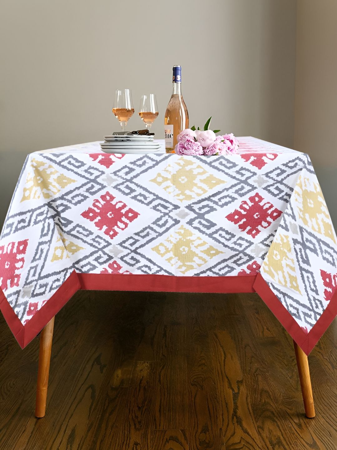 Texstylers Red Geometric Printed Anti-Skid Cotton 6-Seater Table Cover-picture-11