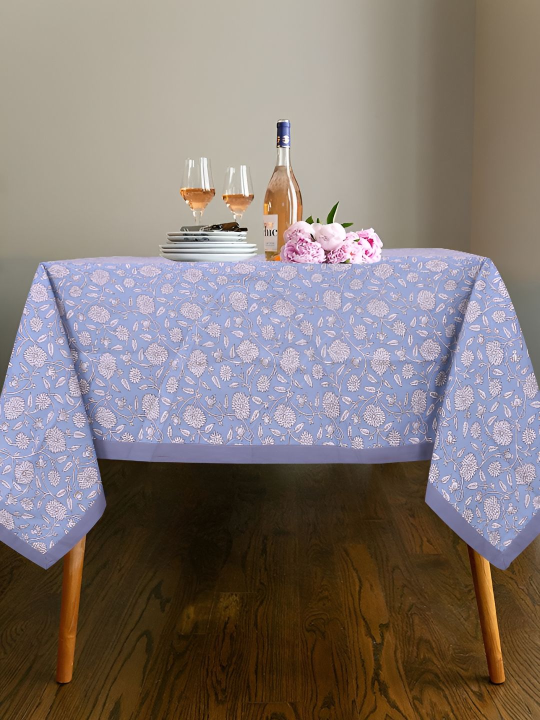 Texstylers Blue Floral Anti-Skid Cotton 6-Seater Table Cover-picture-23