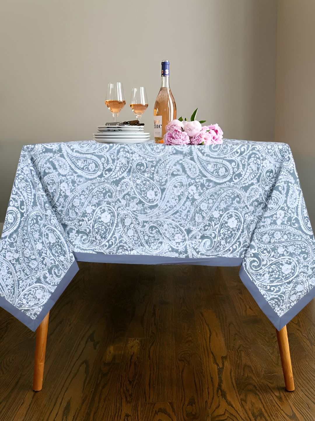 Texstylers Grey Floral Anti-Skid Cotton 6-Seater Table Cover-picture-32