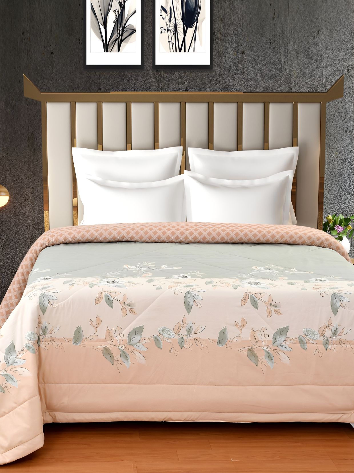 Florida Olive Green & Peach Printed Cotton Reversible AC Room 180 GSM Double Bed Comforter