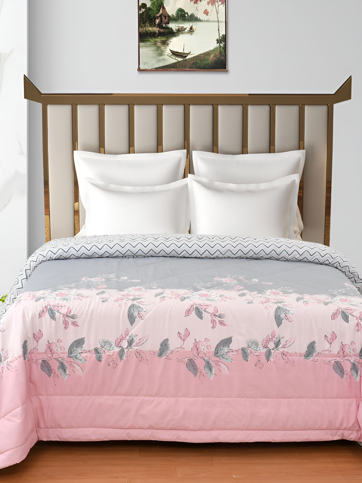 Florida Pink & Grey Printed Cotton Reversible AC Room 180 GSM Double Bed Comforter-picture-41