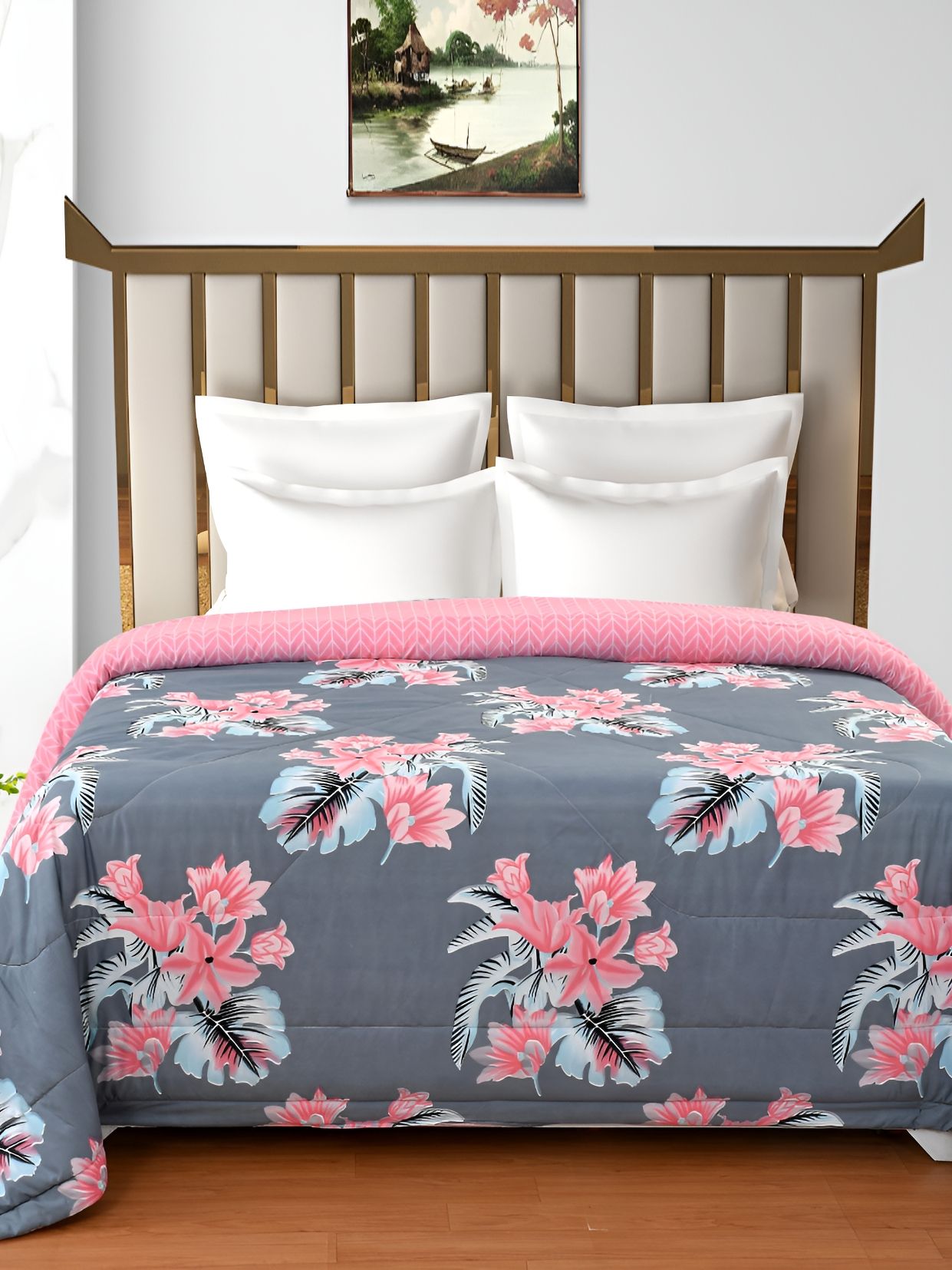 Florida Blue & Pink Printed Cotton Reversible AC Room 180 GSM Double Bed Comforter