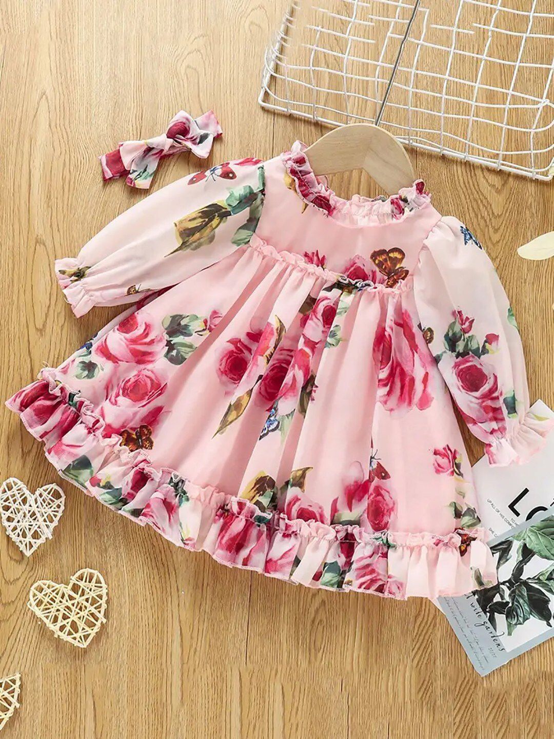 BAESD Girls Floral Print Puff Sleeves Ruffled Georgette Fit & Flare Dress-picture-13