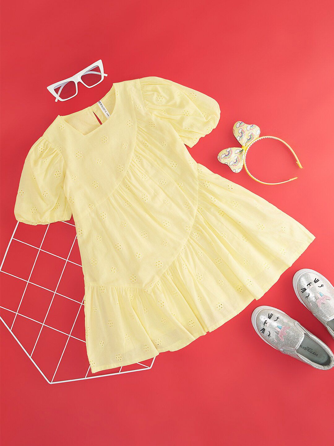 Pantaloons Junior Kids-Girls Self Design Puff Sleeves Schiffli Wrok Cotton A-Line Dress-picture-29