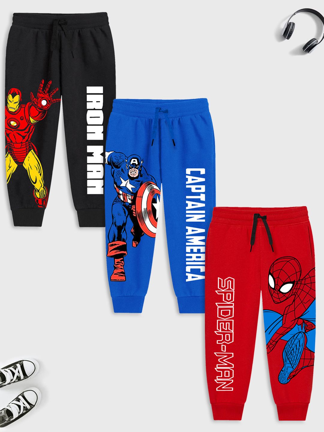 YK Marvel Kids Pack Of 3 Avengers Printed Cotton Joggers