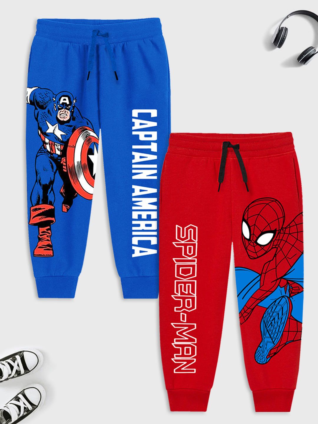 YK Marvel Kids Pack Of 2 Avengers Printed Mid-Rise Cotton Joggers
