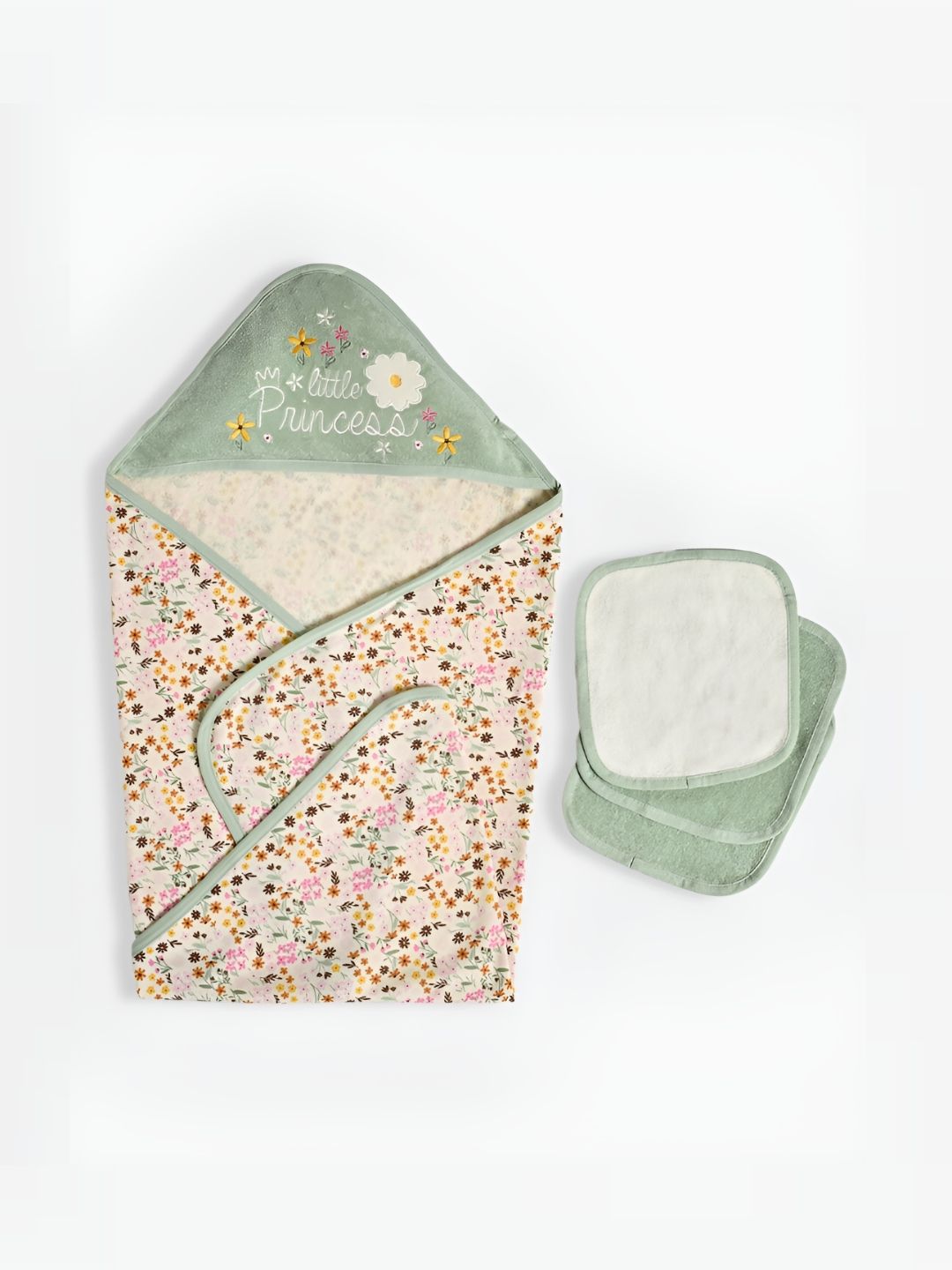 MiArcus Baby Girl Green & Beige Little Princess Towel with 4 Wash Clothes Set-picture-25