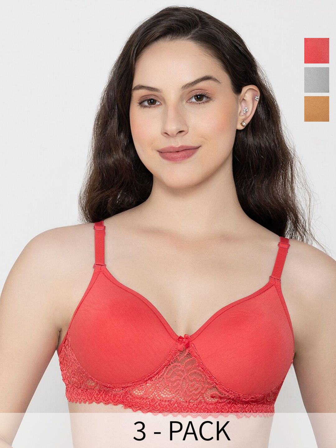 FUNAHME Pack Of 3 Self Designed Lightly Padded Cotton T-shirt Bra With All Day Comfort