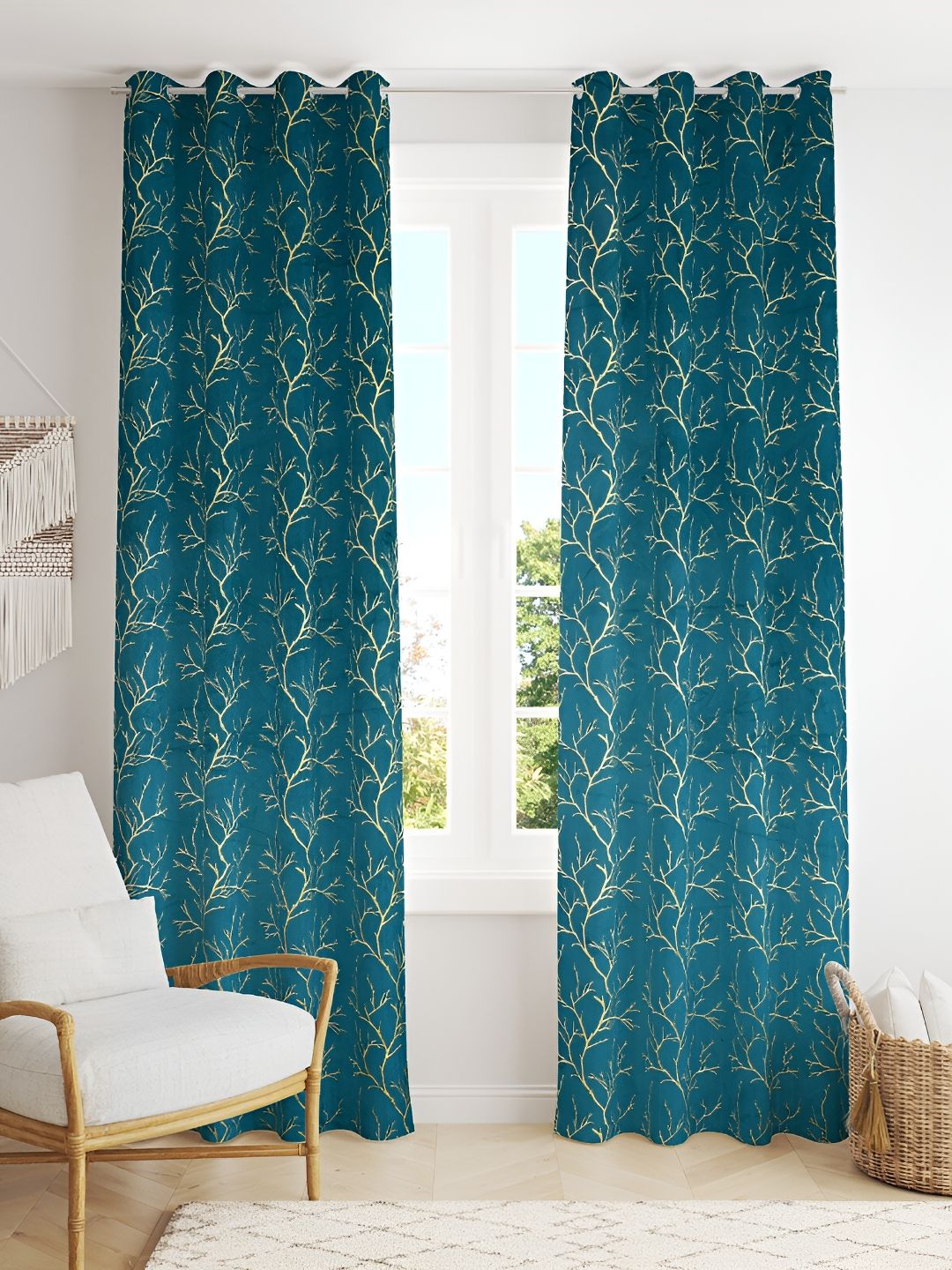 Aura Turquoise Blue & Gold-Toned 2 Pcs Velvet Abstract Room Darkening Door Curtains-image-49