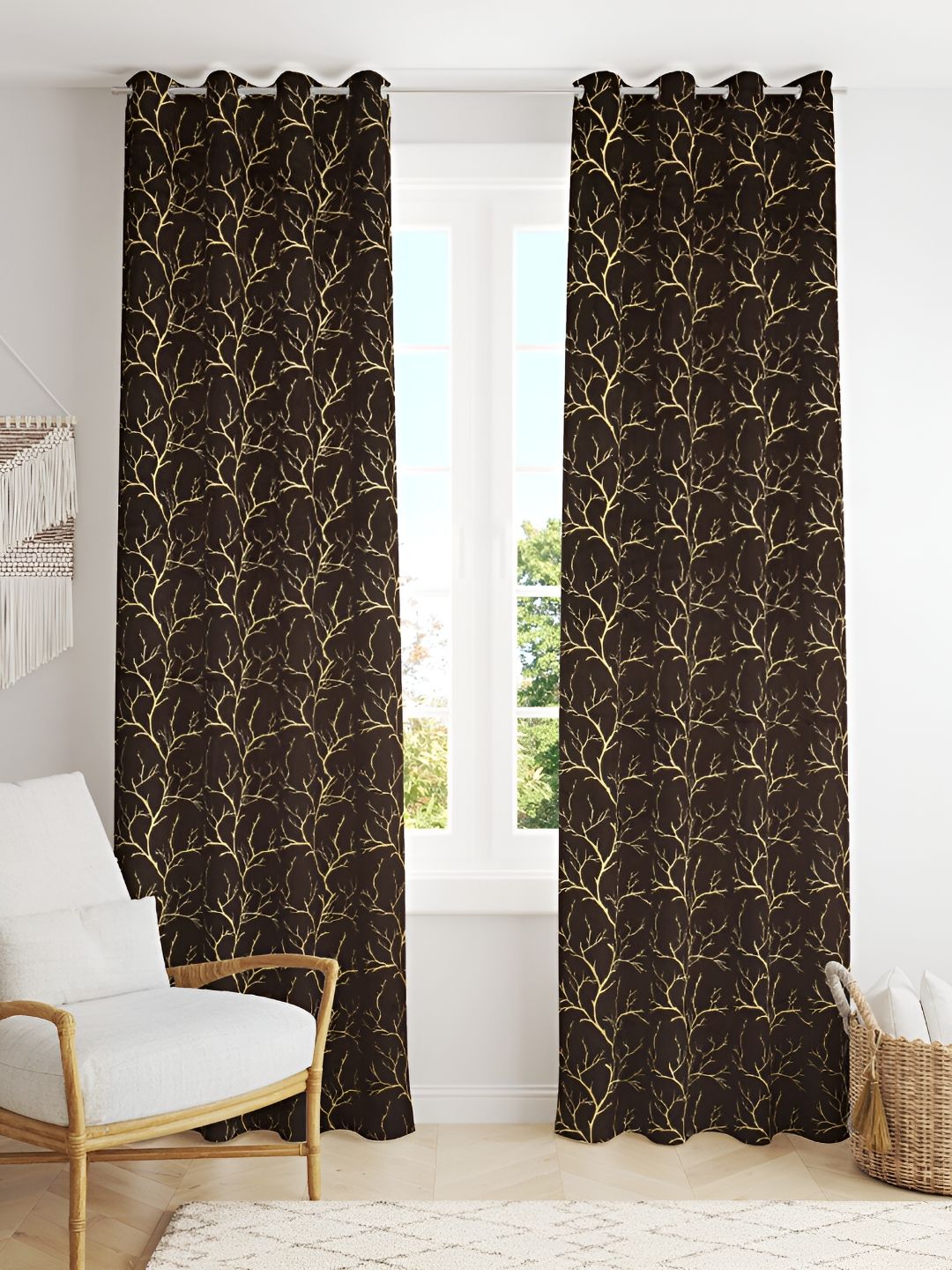 Aura Coffee Brown & Beige 2 Pieces Floral Printed Room Darkening Velvet Door Curtains-picture-37