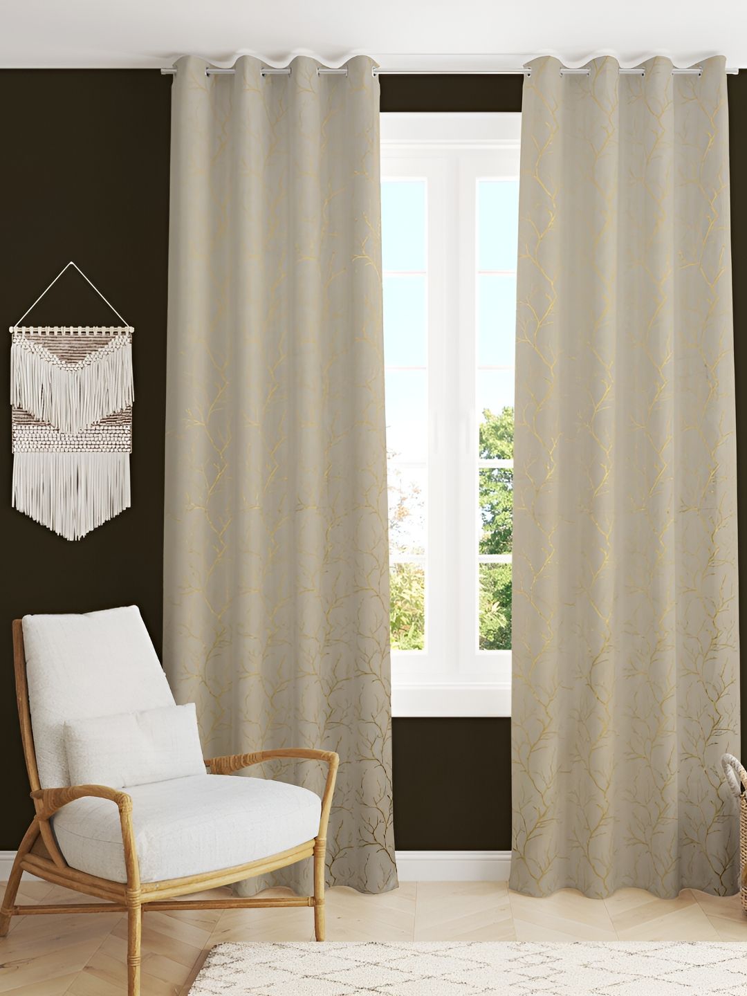 Aura Cream & Gold-Toned 2 Pcs Abstract Velvet Room Darkening Long Door Curtains-image-19